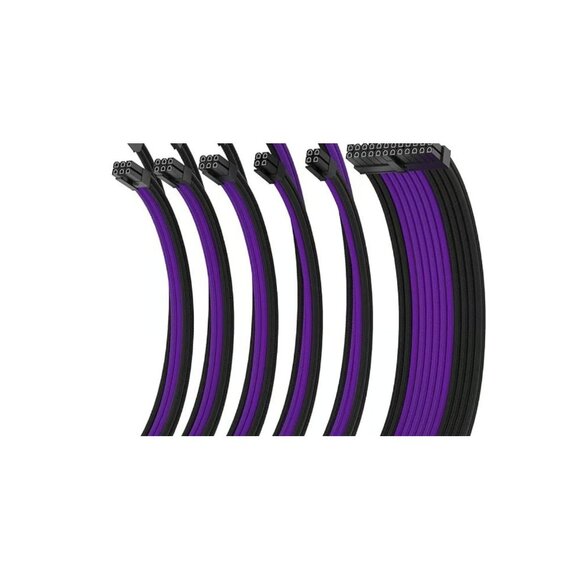 Custom Sleeved PSU Extension Cable Kit – Black & Purple (24-Pin, 8-Pin CPU, 8-Pi - Picture 1 of 11